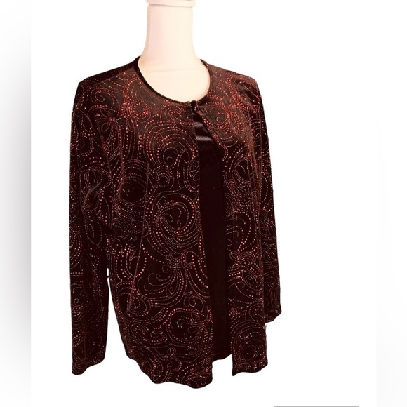 Tops - Kim Rogers Women’s XL Black Velvet Red Sparkle Holiday Long Sleeve Top